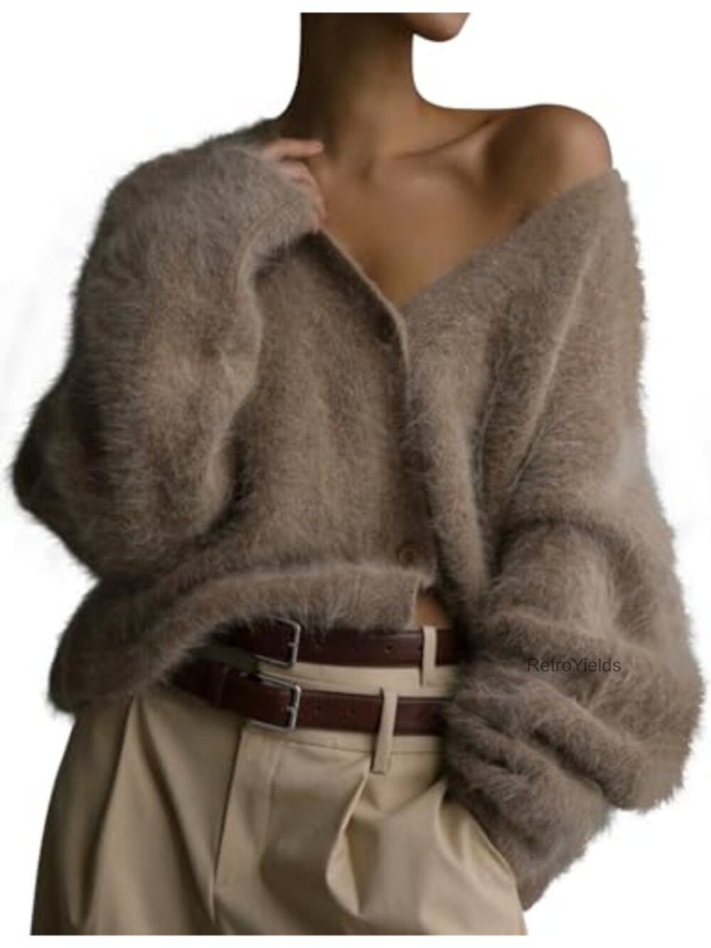 Womens Fuzzy Knit Cardigan V Neck Button Down Soft Loose Fit